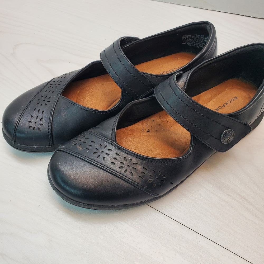 Rockport Cobb Hill Black Leather Floral Mary Jane Flats Womens 7.5 M Whimsigoth